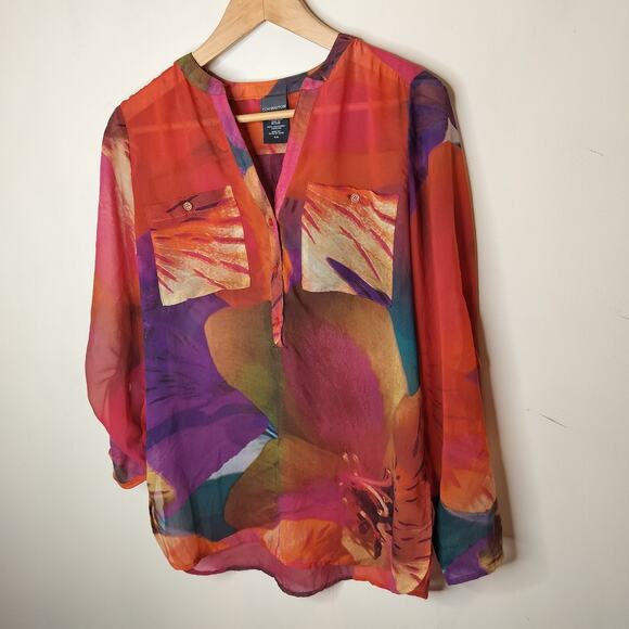 Covington Floral Blouse Tab Sleeve Sheer Watercolor Art to Wear - Picture 4 of 9